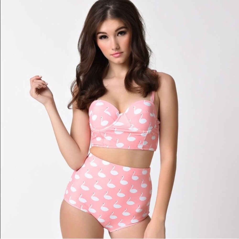 NWT Retro Swan Print Longline Corset Bikini Top